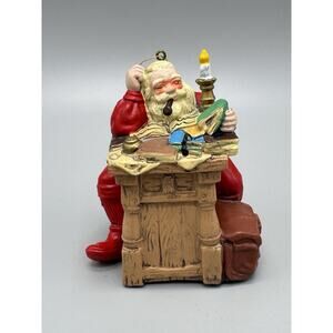 Vintage Santa Plastic Ornament Sitting At Desk 4” Curtis Publishing